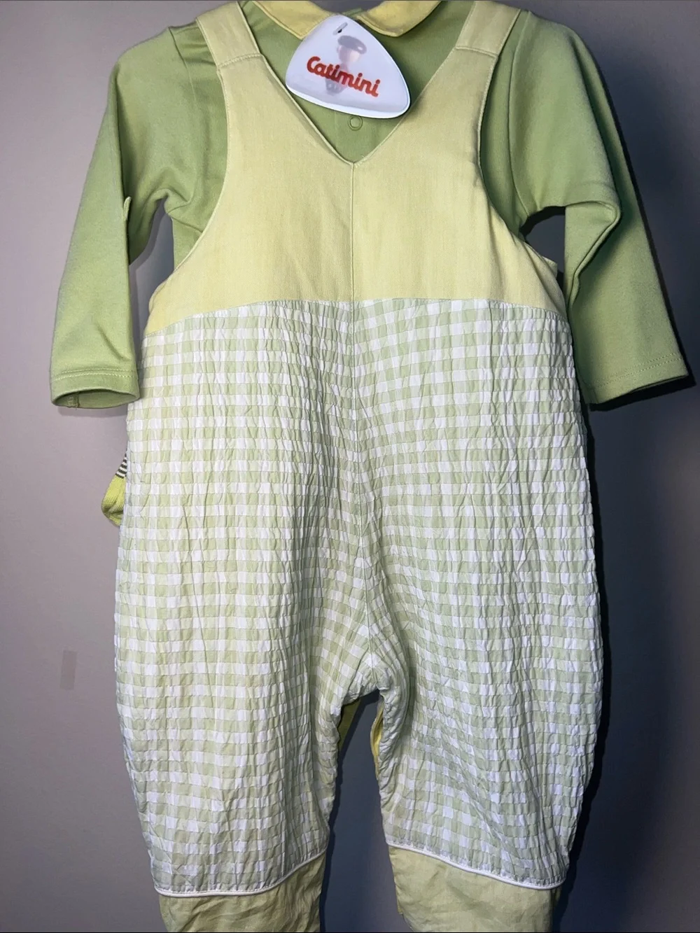 Catimini Light Green Gingham Seersucker Overalls Set with Appliqué & Match Socks